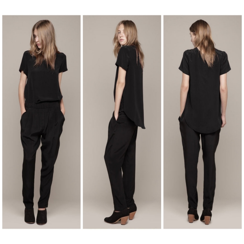 NORDSTROM Collection 100% Silk Black Scoop Neck Short Sleeve Hi-Lo Top Blouse L